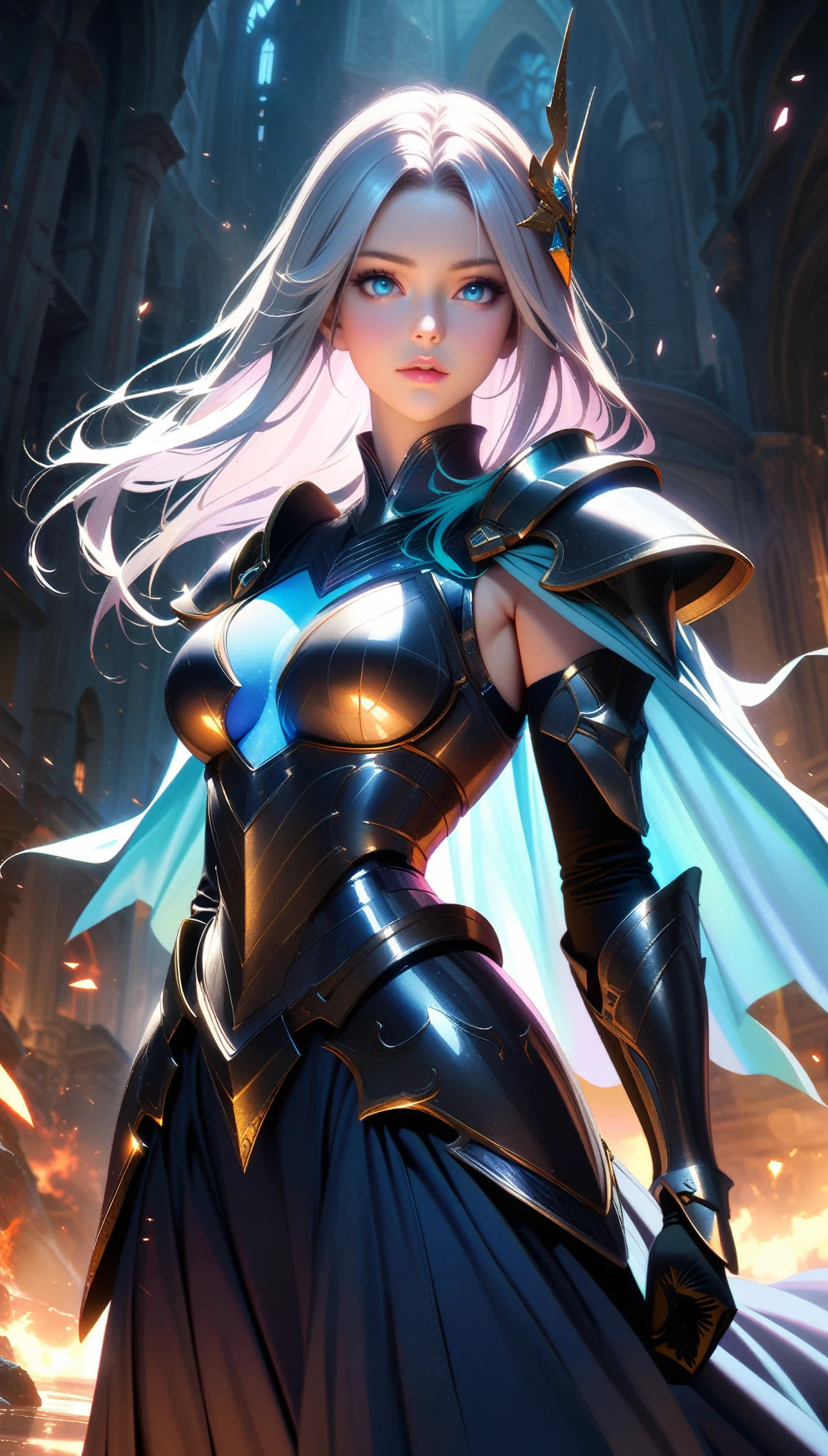 Masterpiece, Best Quality, Super Detailed, High Definition, Expensive Resolution, HDR, Masterpiece, Realistic, Depth, Fine Texture, Super Fine, Complete concentration, (very pretty anime princess ), (a female knight Standing), Fighter female, Warrior female, Mecha, full auras, silver aura, cover with aura, (arrogant), (random hair colored, shiny hair, gradient hair), armor hair ornament, beautiful details eyes, (aquamarine eyes, glowing eyes), long eyelashes, mascara, eyeliner, (full details dress armor, elegant, long skirt), crystals armor, cape, glowing and shining armor, Edge lights, hourglass body, beautiful detailed realistic definition, expressive eyes, perfect detailed beautiful determinate face, professional, Extremely aesthetic, Extremely detailed realistic clothing, blue lights that shimmer, (glowing and shining armor), floating particles, white and silver color schemes, Knight war as background, Enemies knight surround her, Knight War, calm atmosphere, ground covered in slabs, royal black metal armor, dark souls style, dark fantasy, dark age atmosphere, cloudy day, art station contest winner, perfect reflection