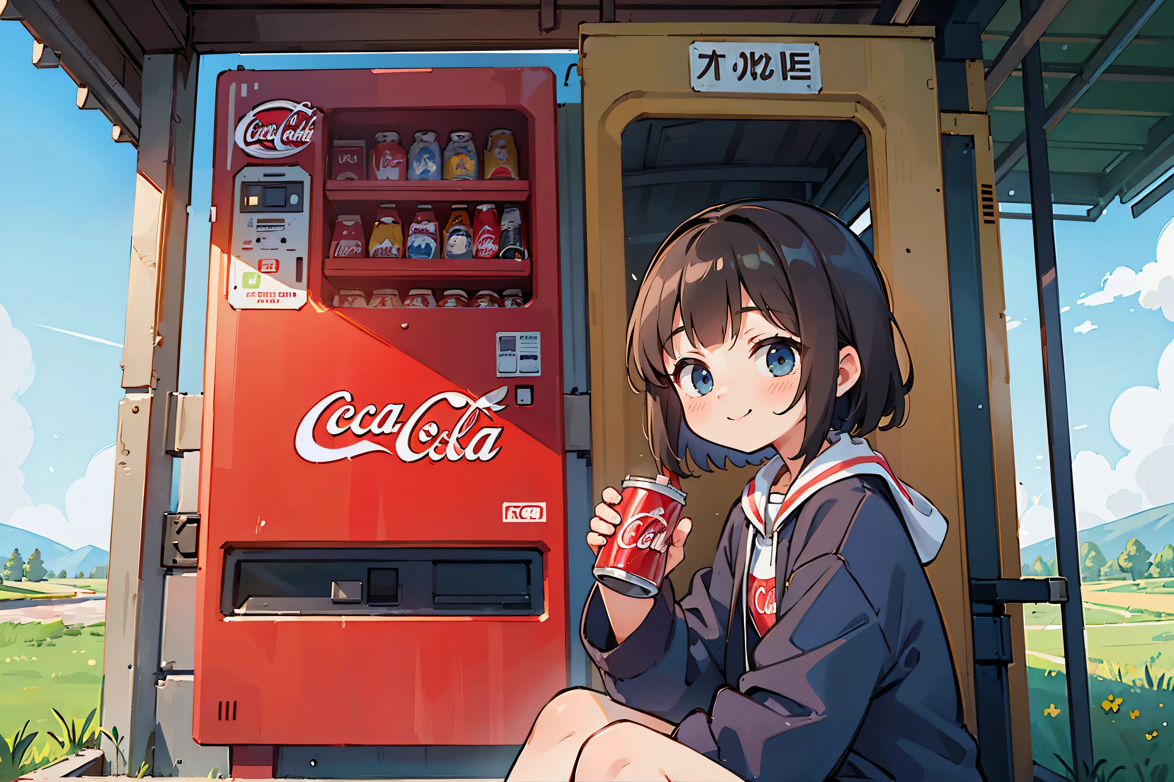 (masterpiece:1.2) (highest quality) (detailed),One ,  girl,  alone, On the way home from club activities, Rural landscape,  secretly drinking a can of Coca-Cola in front of a vending machine、Looks like a lot of fun、smile