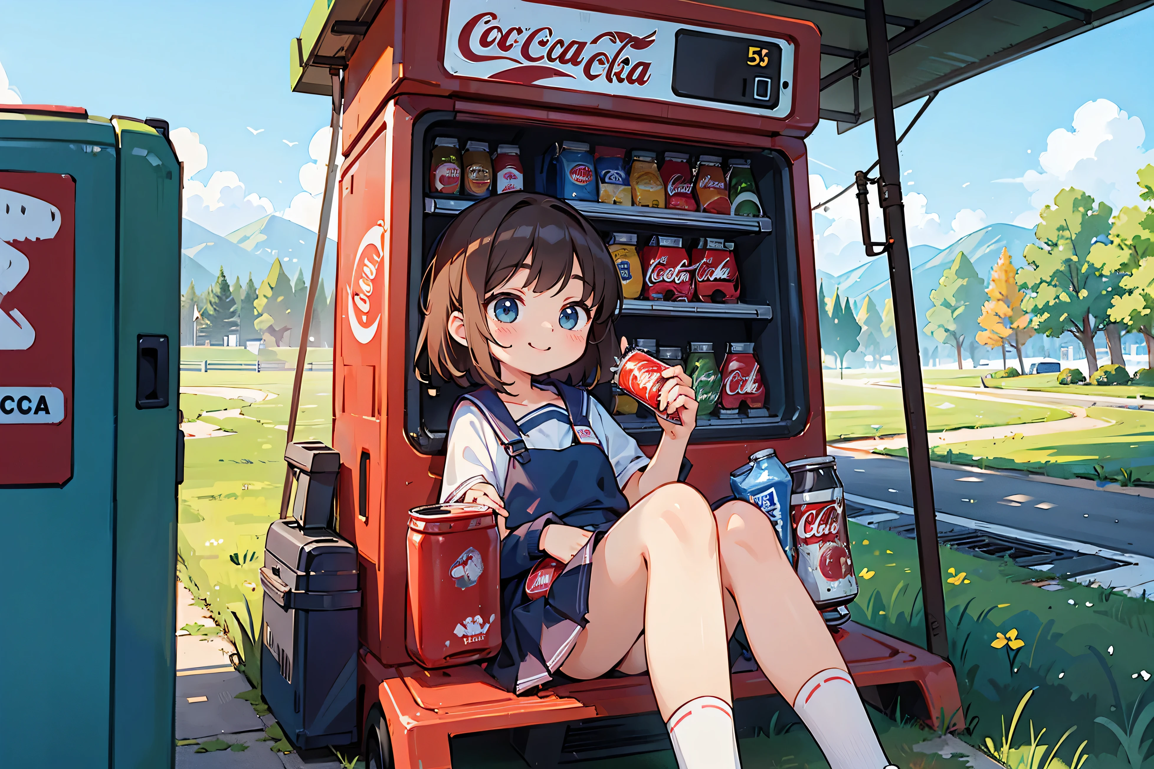 (masterpiece:1.2) (highest quality) (detailed),One ,  girl,  alone, On the way home from club activities, Rural landscape,  secretly drinking a can of Coca-Cola in front of a vending machine、Looks like a lot of fun、smile