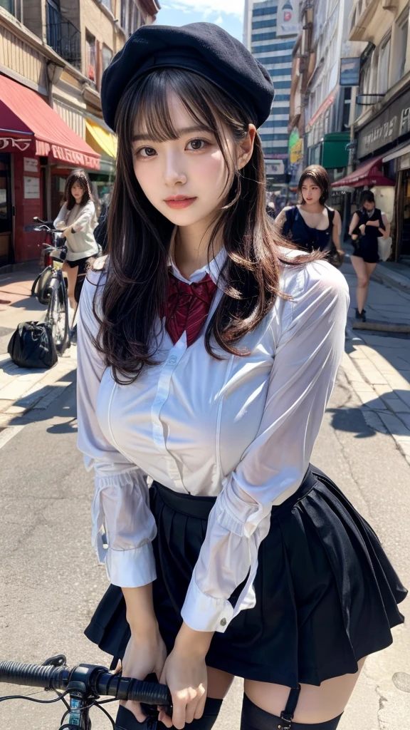 (very delicate and beautiful:1.2)super model,perfect shape,girl's,,Thighhighs,beautiful feet,beret,gentle expression,spoiled look,Innocent face,Mini skirt,big breasts,beautiful breasts,voluptuous,bike shorts,,givenchy,masterpiece, highest quality, High resolution, 8K, , skirt, uniform, short hair, messy hair, blush, sexy pose, big breasts, seductive pose, sweating,, sweating, cityscape, vivid details, super detail, realistic skin texture, Surface details, Beautiful eyes in every detail, medium full shot, group of girls,