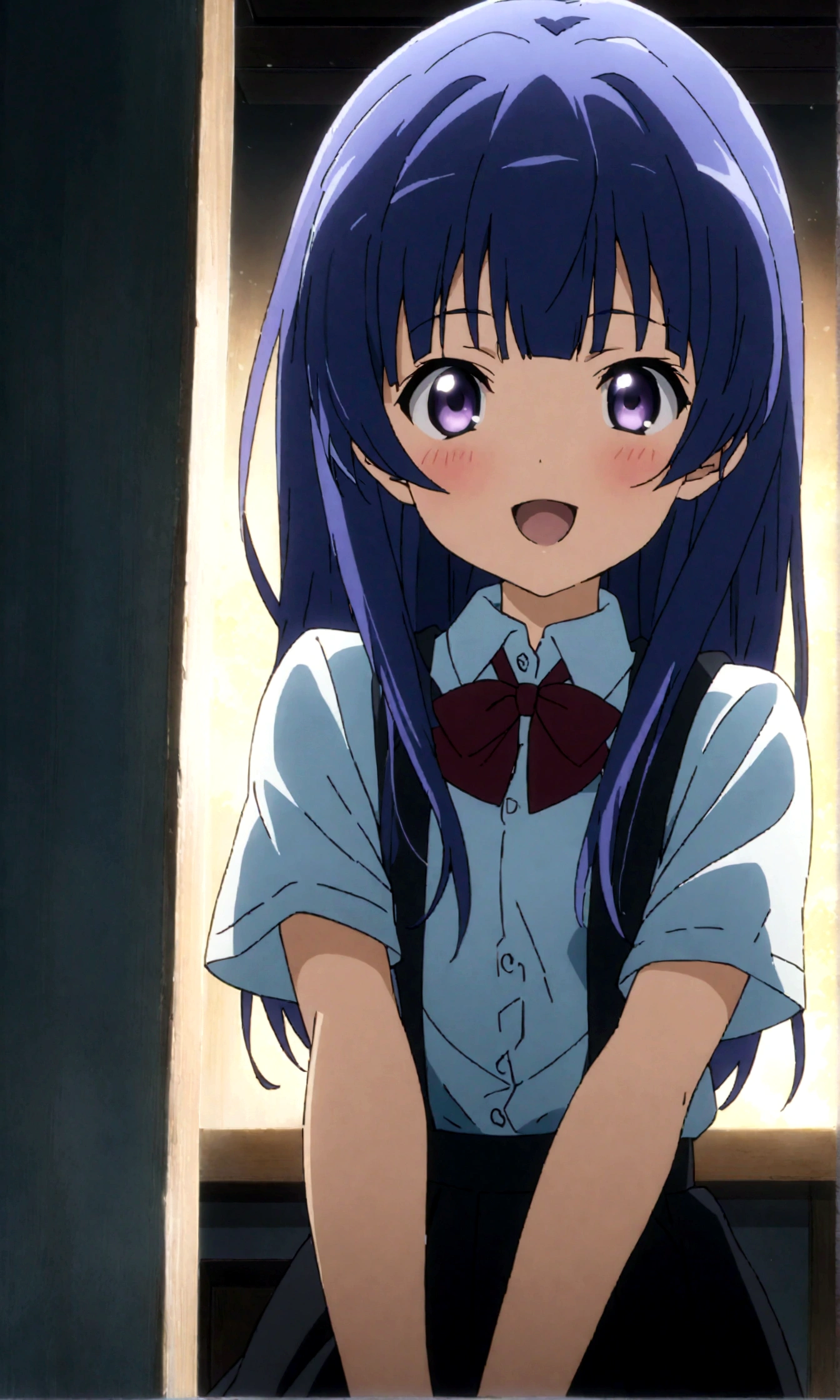 score_9,score_8, score_8_up, BREAK 1girl, solo, furude rika, (tween), kawaii, blue hair, purple eyes, long hair, blunt bangs, bangs,, bow, skirt, shirt, suspenders, smile, short sleeves, pleated skirt, white shirt, open mouth, :d, red bow, facing viewer,^_^,,suspender skirt, black skirt, collared shirt, blush, bowtie, blunt bangs, dress shirt,masterpiece, best quality, source_anime,ceiling, ceiling light, great lighting, detailed shadows, detailed body, anime artwork,anime style, key visual, vibrant, studio anime, highly detailed, anime coloring,v-arms,stance,(upperbody),,,