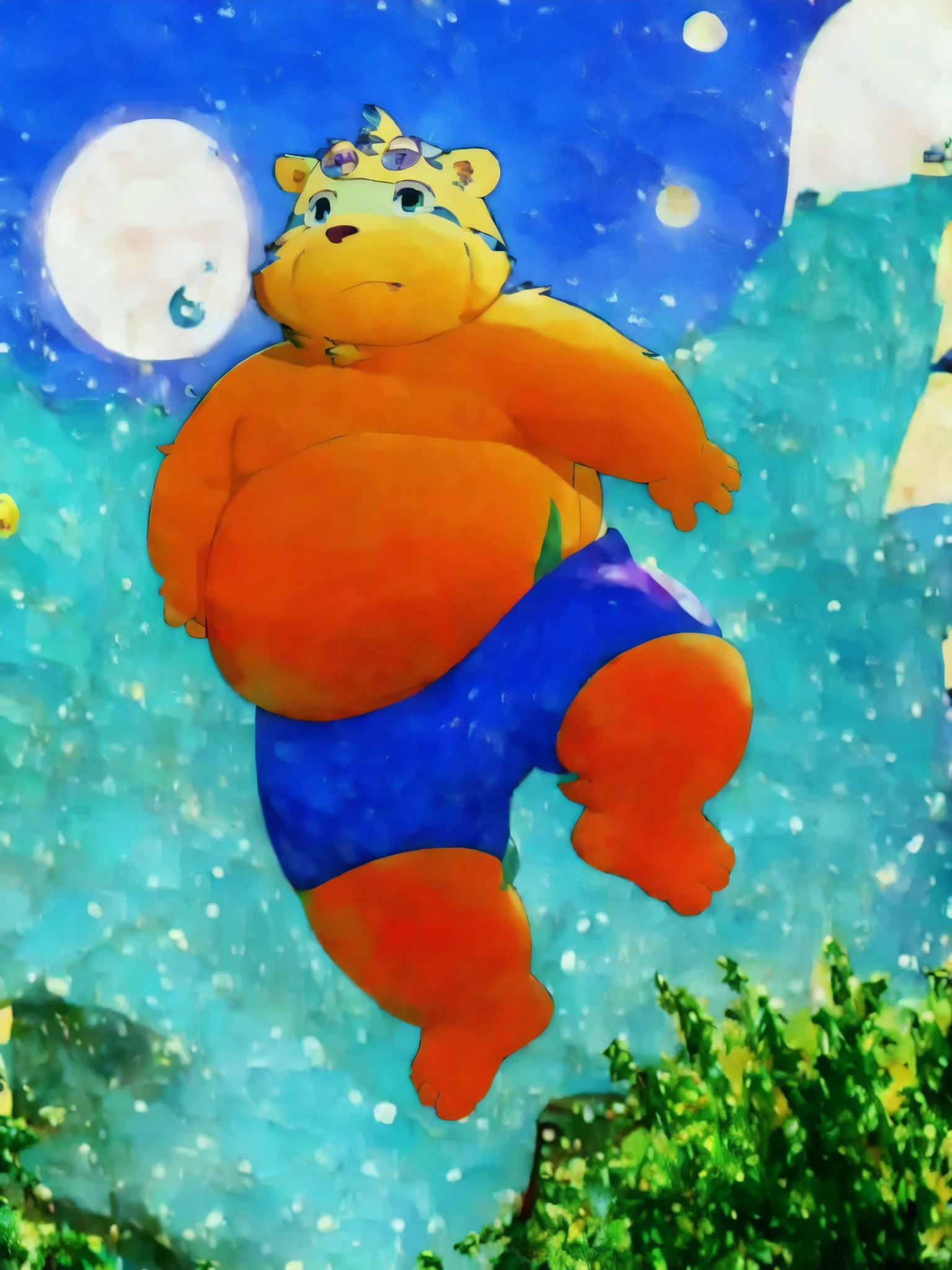 (masterpiece, best quality:1.2),, xiaobo,furry,overweight,foot,sky,shorts,bare,naked,jump,