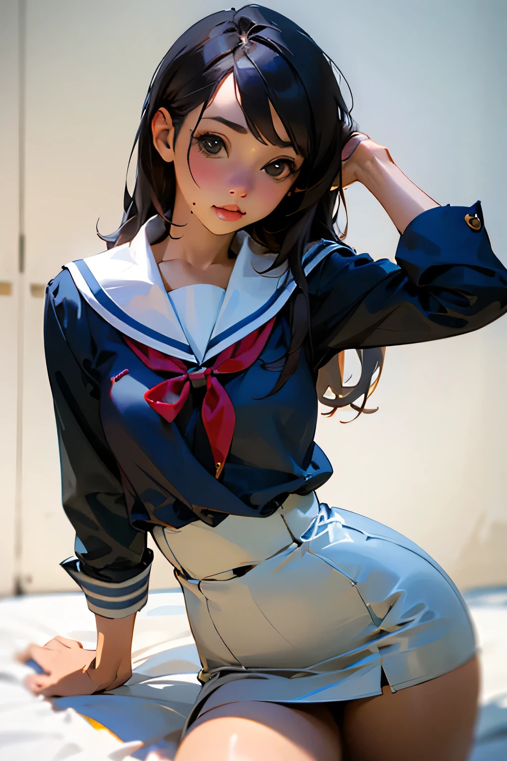 highest quality,High resolution, 8K, cute teenage girl, Cute ponytail, perfect skin, small breasts, sailor suit, In a crowded train, (low angle:1.4). (small breasts:1.4), (topless:1.3), nipples, (hairy pubes:1.3),