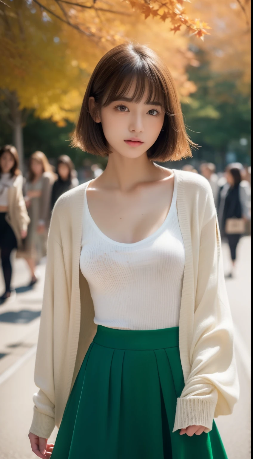 (photographed:1.2)、(Photorealsitic:1.4)、(masterpiece:1.3)、(top-quality:1.4)、超A high resolution、(A detailed eye)、(detailed facial features)、(detailed clothes features)、8K resolution、solofocus、bangss、Double eyelids、Beautiful lips、toned legs、(Slender girl)、(a japanese girl)、(Japan Faces)、1 girl in、Slim Beauty:1.3、brown haired、Delicate hair、The background is a row of ginkgo trees、(((Autumn clothes、white t-shirts、Green long sleeve cardigan、long skirt)))、In the street、(Beautiful breasts:1.2)、Realistic body、de pele branca、Slim body、(short-hair:1.2)、(bangss: 1.2)、Bruises and ugly face、kawaii faces、Lifelike face、Delicate body、((sexy pose))、stunning lighting