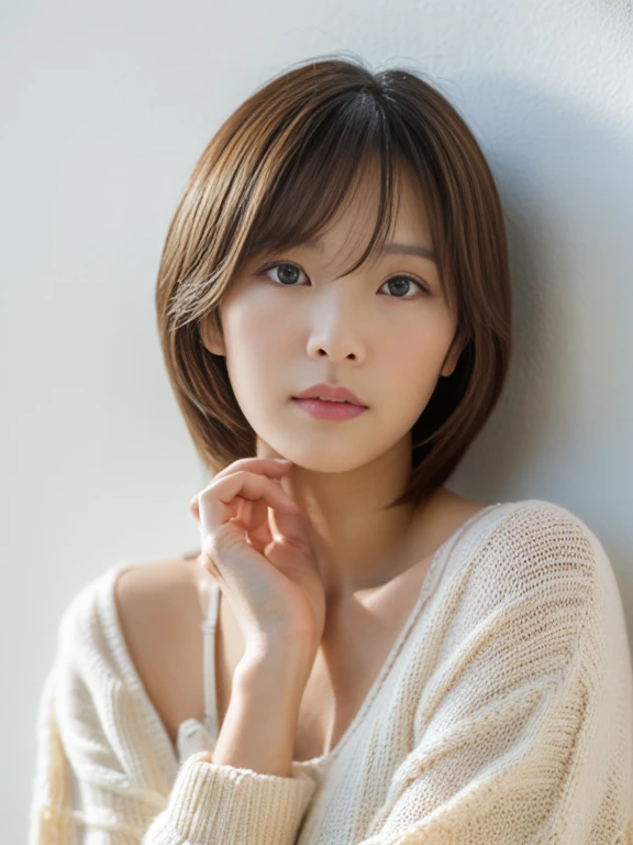 ((maSutepiece,highest quality)), (photographrealiStic:1.4),(((maSutepiece,8k)),White wall,(White Room),((Full body photo))),Shot in natural light,highly detailed face and Skin texture,highly detailed lipS,correct State of the human body,Superhigh reSolution, 38 yearS old, S, 60mm lenS, long Sleeve Sweat,(Medium Hair),JapaneSe woman,(Beige Hair),Natural lip color