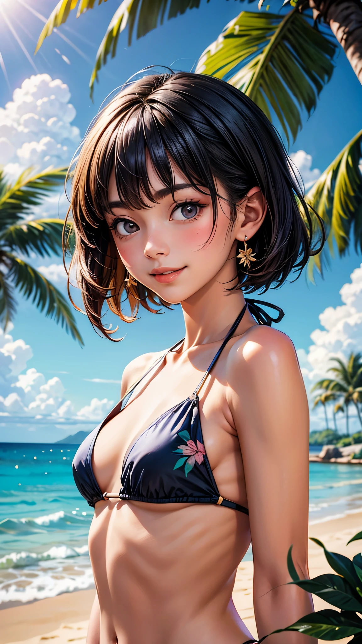 ((Tropical Beach))、((Cute Bikini))、((Palm tree))、((White hibiscus))、blue sky、cloud、(RAW photo, best quality), (Beauty photography:1.3),(masterpiece), ((upper body)),((japanese,1girl)), ((short Black hair)), looking at the viewer, standing, smiling, earrings,asymmetric_bangs,