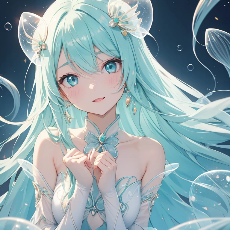 1woman、Reincarnation of Jellyfish、Soft and sexy、 the best allure, HDTV, Light mint green hair、Straight Hair、Long Hair、Thin eyebrows、Sparkling eyes、Moist lips、round face、A translucent costume inspired by jellyfish、sophisticated outfit、smiling full of compassion、The ornaments made of jellyfish-like material are attached all over its body.、Open Mouth、leaning forward, close up shot, squeezing her chest, perfect proportion, kissing