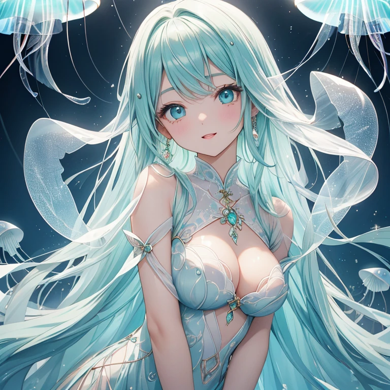 1woman、Reincarnation of Jellyfish、Soft and sexy、 the best allure, HDTV, Light mint green hair、Straight Hair、Long Hair、Thin eyebrows、Sparkling eyes、Moist lips、round face、A translucent costume inspired by jellyfish、sophisticated outfit、smiling full of compassion、The ornaments made of jellyfish-like material are attached all over its body.、Open Mouth、leaning forward, close up shot, squeezing her chest, perfect proportion, kissing