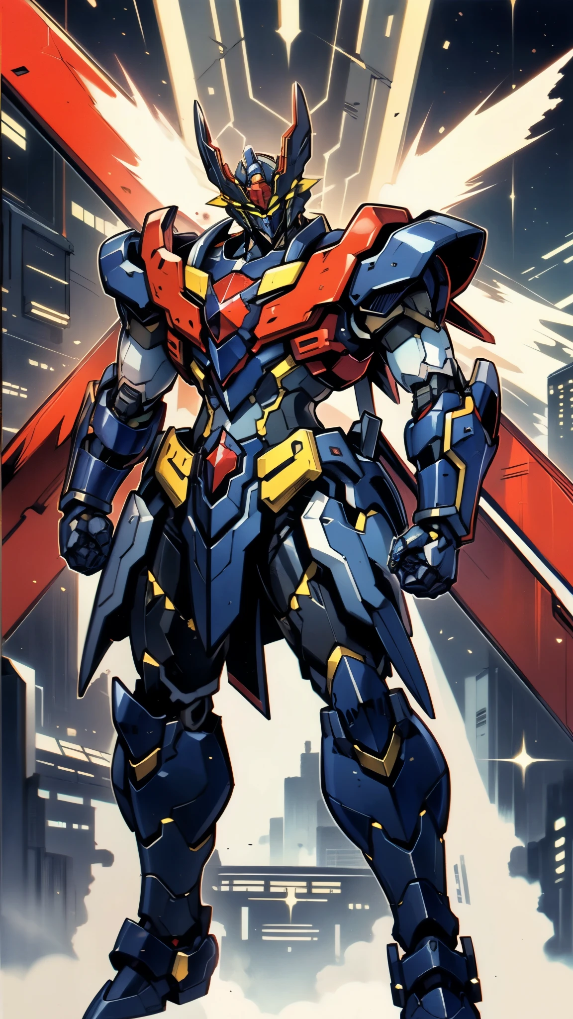 Humanoid Mecha, fully enclosed shoulder guards, matching arm and leg guards, full body, full armor, super robot, the design balances heavy with agility, (the color scheme is primarily white with red and blue accents, the concept Inspired by Mazinger Z, ruby chest armor, pose, standing, floating high above the futuristic sci-fi city), exquisite and mature art style, (aura effect, energy, glowing eyes, the armor glows), ((SRS)), metallic, dramatic, high definition, best quality, highres, ultra-detailed, ultra-fine painting, extremely delicate, professional, perfect body proportions, anatomically correct, symmetrical face, extremely detailed eyes and face, high quality eyes, creativity, RAW photo, UHD, 32k, Natural light, cinematic lighting, masterpiece-anatomy-perfect, masterpiece:1.5