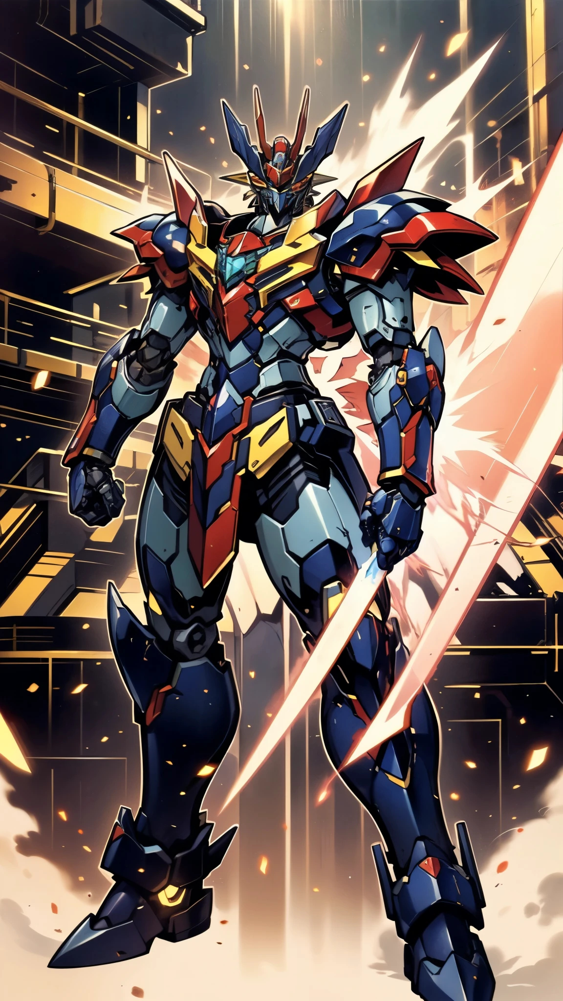 Humanoid Mecha, fully enclosed shoulder guards, matching arm and leg guards, full body, full armor, super robot, the design balances heavy with agility, (the color scheme is primarily white with red and blue accents, the concept Inspired by Mazinger Z, ruby chest armor, pose, standing, floating high above the futuristic sci-fi city), exquisite and mature art style, (aura effect, energy, glowing eyes, the armor glows), ((SRS)), metallic, dramatic, high definition, best quality, highres, ultra-detailed, ultra-fine painting, extremely delicate, professional, perfect body proportions, anatomically correct, symmetrical face, extremely detailed eyes and face, high quality eyes, creativity, RAW photo, UHD, 32k, Natural light, cinematic lighting, masterpiece-anatomy-perfect, masterpiece:1.5