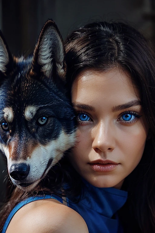 a woman with blue eyes and a wolf with red eyes