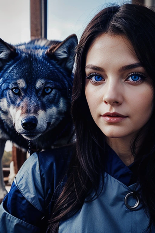 a woman with blue eyes and a wolf with red eyes