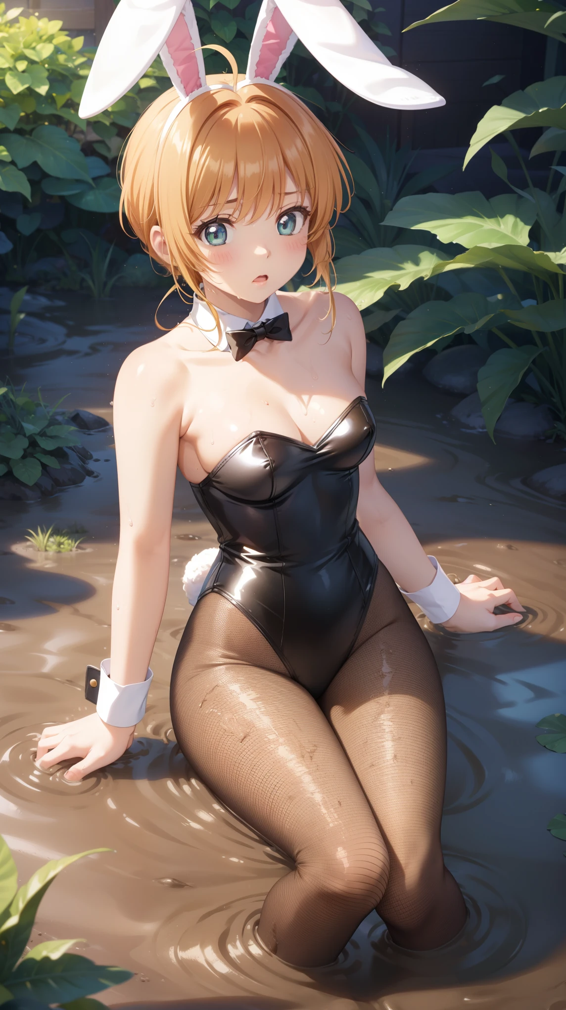 masterpiece, best quality, highres, 1girl, detailed face, blush, anime CG style, (medium breasts), (18 year old girl:1.3), (aged up), good lighting, perfect body, sakura kinomoto, glossy lips, strapless leotard, detached collar, wrist cuffs, (white fishnet tights), bunny ears, (curvy), (upset), (sinking in mud), (mostly submerged)