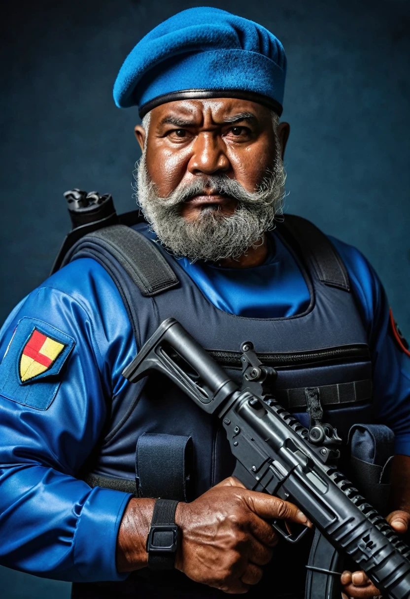 (a dark-skinned bearded fat old man in a bulky blue zipper diver suit) holding a gun and (wearing army beret on his head), muscular, Basuki Abdullah, sumatraism, action, a character portrait, heroic, fierce, snarling