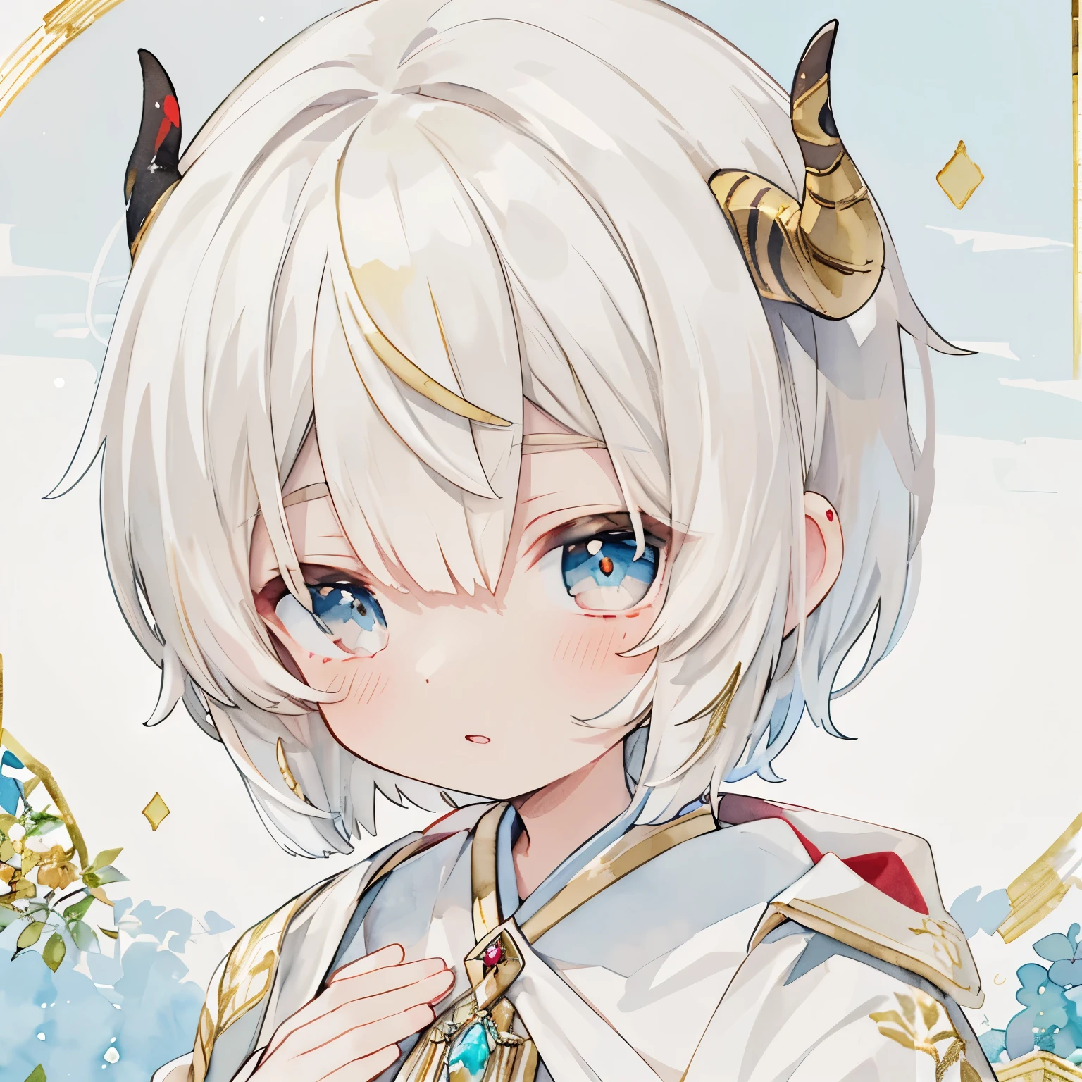 White Hair、Partial blonde hair、Accent color hair、Swirling hair、Very Short Hair、forehead horn、One horn、Young、Light blue eyes、Wear a white robe、Accent color gold、Golden embroidery、Round eyes、High quality、Depth of written boundary、Jewel Eyes、High sense、Transparency、Transparent watercolor、arrange