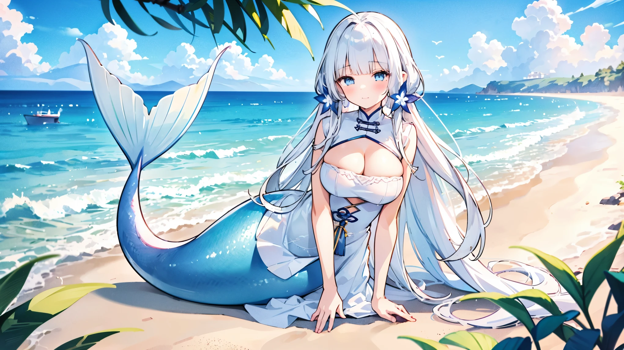 masterpiece, best quality,A girl,solo,illustrious (maiden lily's radiance) (azur lane),White hair,Very long hair,blue eyes,dress,China costume,Official Alternate Costumes,Large Breasts,Mermaid,White Mermaid Tail,full-body shot,Sitting on the beach,Sea view