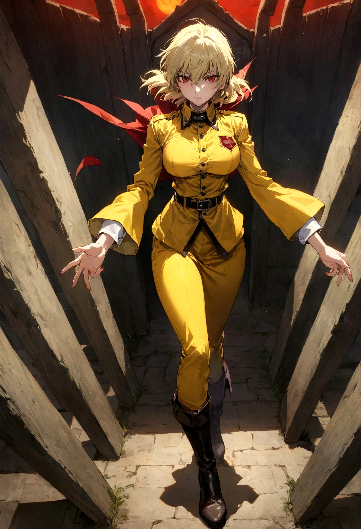 (masterpiece, top quality, best quality, official art, beautiful and aesthetic:1.2), (1girl), extreme detailed,(Victoria Seras, blond short hair, red eyes, Hellsing anime, Vampire, Hellsing uniform, yellow military uniform, jumpsuit, skirt, wide Rolled up sleeves, Chevron, black belt),colorful,highest detailed,((full body))