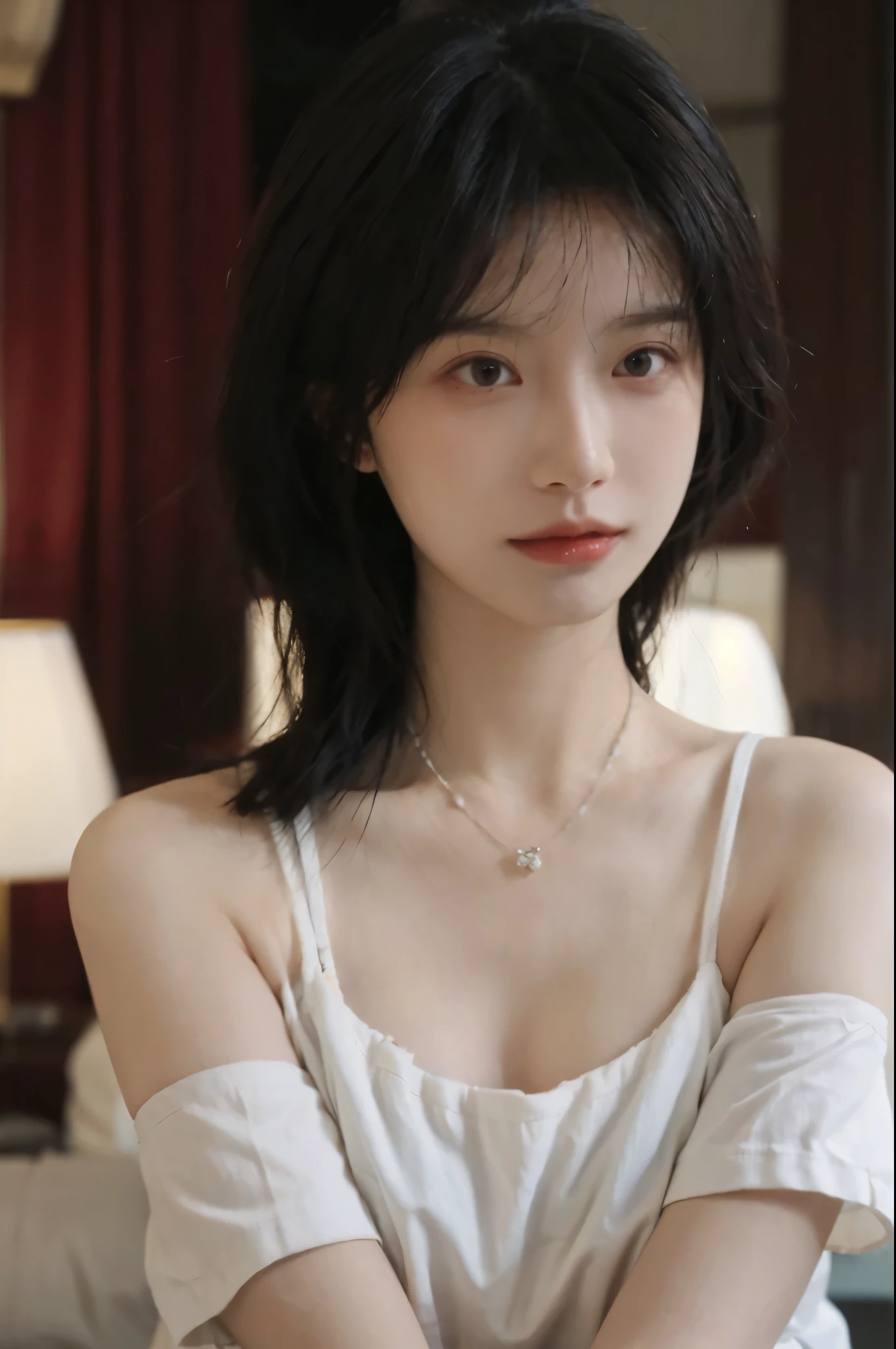 Film portrait photography, 1 girl, bare shoulders,lipstick,(flat chest:1.4), Shoulder length wavy hair, wear necklace,Headbands,short sleeves,serene, calm, (Realistic and detailed eyes, natural skin texture, Realistic facial details), Soft dramatic lighting, depth of field, Bokeh, Vibrant details, detailed meticulous, hyper-realistic, 35mm film, hazy, ,