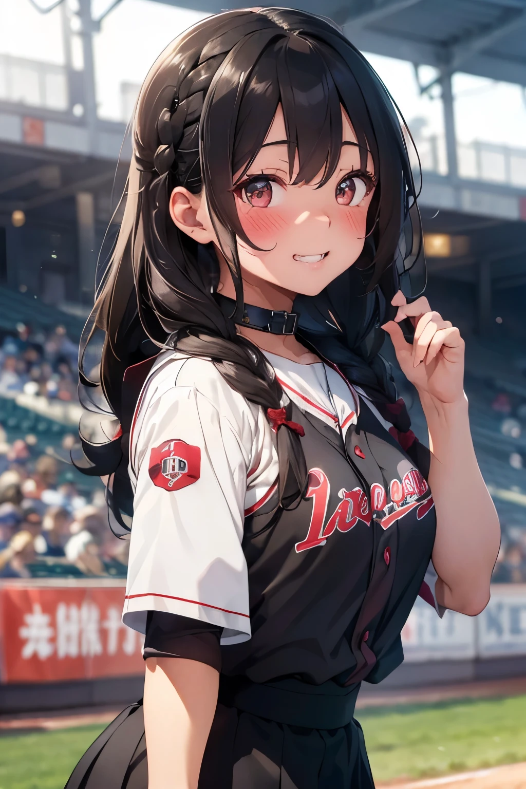 (masterpiece), (best quality), (ultra-detailed), beautiful mature female, detailed eyes, black hair, braided hair, blush, (embarrassed smile), cute fangs, mouth open, collar, (baseball uniform, micro mini skirt), (in the baseball stadium), (in front of crowd), bokeh