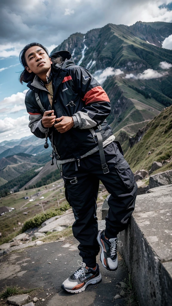 an Indonesian man aged 25 y.o., clean face, wearing a thick jacket, cargo pants, shoes, standing on the top of a mountain holding a climbing stick, next to him is a beautiful girl hugging, beautiful clouds in the background, shot from above , fish eye lens, f 3.0