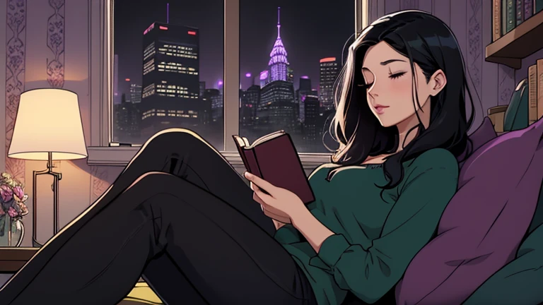 Beautiful woman in her 30s with black hair is sitting on the sofa. Looking down, eyes closed, LOFI girl, alone in the room, blouse, cozy wallpaper, big cushion, bookshelf, relaxing mood, night core, cozy, wide glass window with skyscrapers, outside view at night, only five fingers, purple wall, Holding a book in hand,