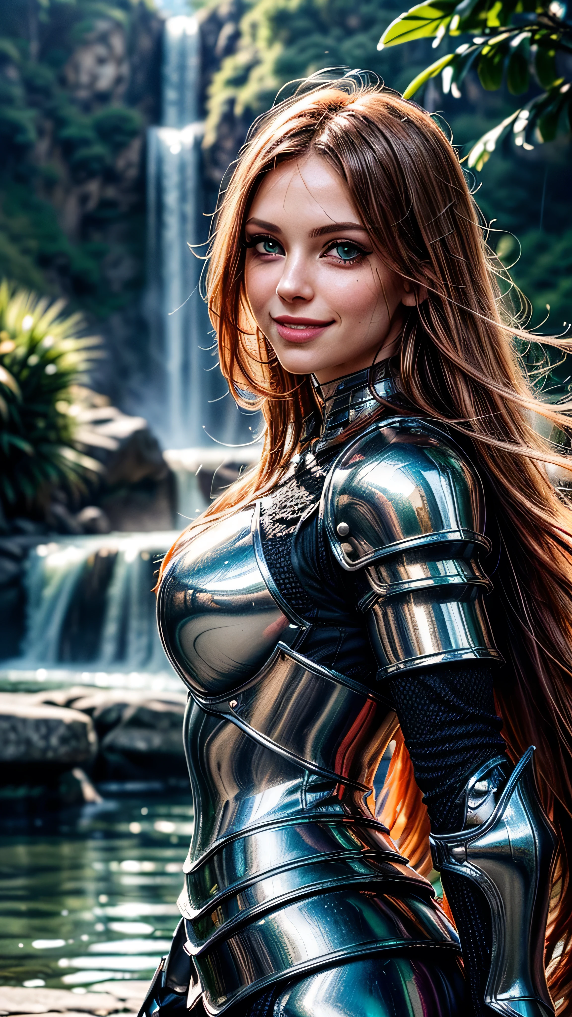 (masterpiece, photorealistic:1.4, extremely intricate:1.3), (photon mapping, radiosity, physically based rendering, ultra resolution, hyper-realistic, photorealistic:1.4, hyper-realistic, 8K), portrait of a muscular girl, ((armor from the late Renaissance, white chrome perfectchainmail armor:0.8, (long eyelashes), clear green eyes, humid, humid, smiling)), metal reflections, upper body, portrait, outdoors, intense sunlight, far away waterfall, tropical river, professional photograph of a stunning woman, (long straight bright orange hair, blowing, dynamic pose), sharp focus, dramatic, award winning, cinematic lighting, (film grain, bokeh, interaction)