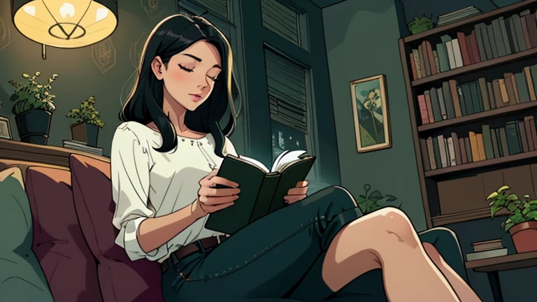Beautiful woman in her 30s with black hair is sitting on the sofa. Looking down, eyes closed, LOFI girl, alone in the room, blouse, cozy wallpaper, big cushion, bookshelf, relaxing mood, night core, cozy, wide glass window with skyscrapers, outside view at night, only five fingers, green wall, Holding a book in hand,