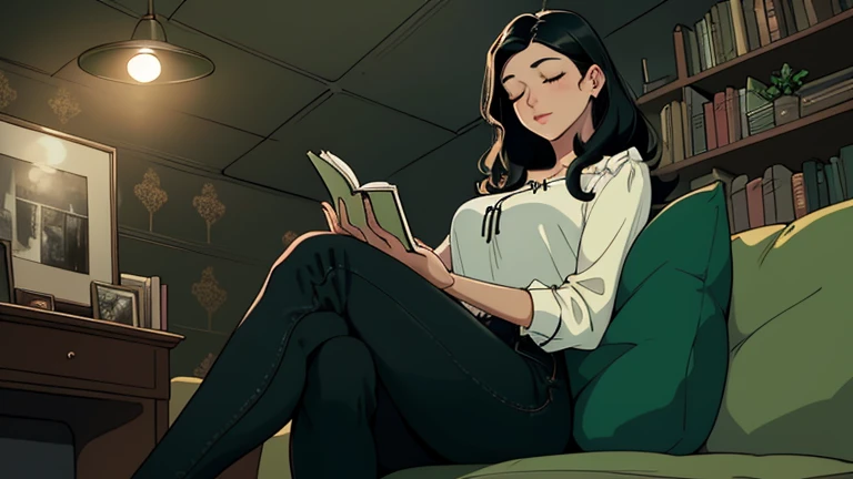 Beautiful woman in her 30s with black hair is sitting on the sofa. Looking down, eyes closed, LOFI girl, alone in the room, blouse, cozy wallpaper, big cushion, bookshelf, relaxing mood, night core, cozy, wide glass window with skyscrapers, outside view at night, only five fingers, green wall, Holding a book in hand,