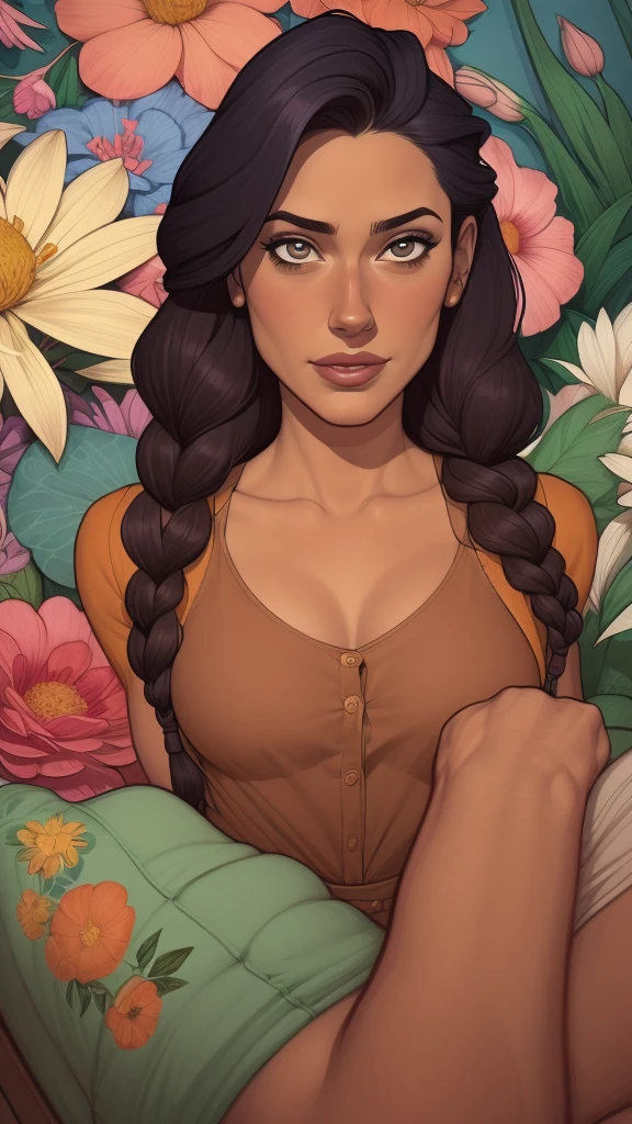 Personagem Salma Hayek (nua  roupas  nua pelada sem roupas)  imagem de desenho animado de uma mulher jovem  .cartoon style illustration, estilo de arte dos desenhos animados,digital illustration style, design de personagens altamente detalhado, arte digital detalhada profissional, floresta  Design de personagens de retrato, beautiful digital illustration, retrato de alta qualidade, Arte em quadrinhos, mulher jovem.  expression of sexual desire well-aligned braided hair . Roupas leves de primavera