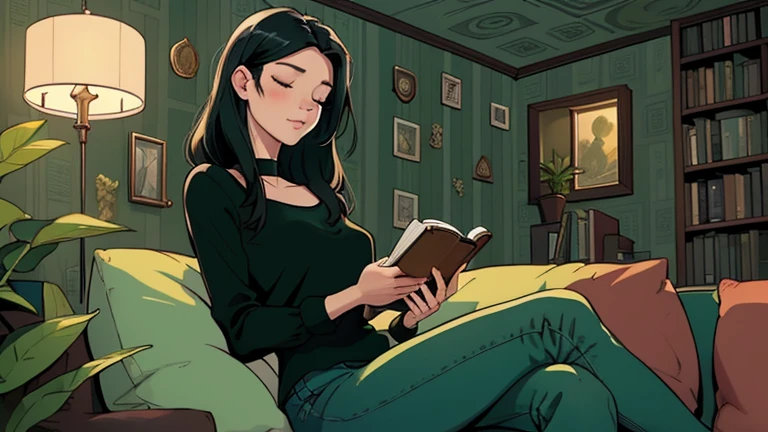 Beautiful woman in her 30s with black hair is sitting on the sofa. Looking down, eyes closed, LOFI girl, alone in the room, blouse, cozy wallpaper, big cushion, bookshelf, relaxing mood, night core, cozy, wide glass window with skyscrapers, outside view at night, only five fingers, green wall, Holding a book in hand,