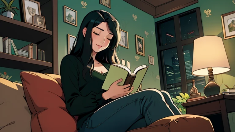 Beautiful woman in her 30s with black hair is sitting on the sofa. Looking down, eyes closed, LOFI girl, alone in the room, blouse, cozy wallpaper, big cushion, bookshelf, relaxing mood, night core, cozy, wide glass window with skyscrapers, outside view at night, only five fingers, green wall, Holding a book in hand,