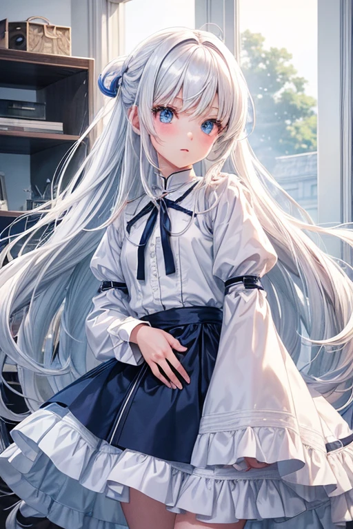 A woman with long white hair and blue eyes stands in a room with an all-white background.,Anime image of a cute girl, girl with white hair, The perfect gray-haired girl., พระเจ้าwhite hair, white hair, Plow collection style, Cloud Anime, anime girl, anime art style moe, anime girl girlที่ดีที่สุด, (anime girl girl), anime girl, สาวwhite hair,white hairสลวย,หน้าอกsmallลง,long-sleeved shirt, or 13 years,small ,w photography, Highest quality, Masterpiece:1.2), (realistically, Virtual image:1.37), Very detailed, 1 woman, single, cute little, There are beautiful details.,Elementary school studene real people.)))