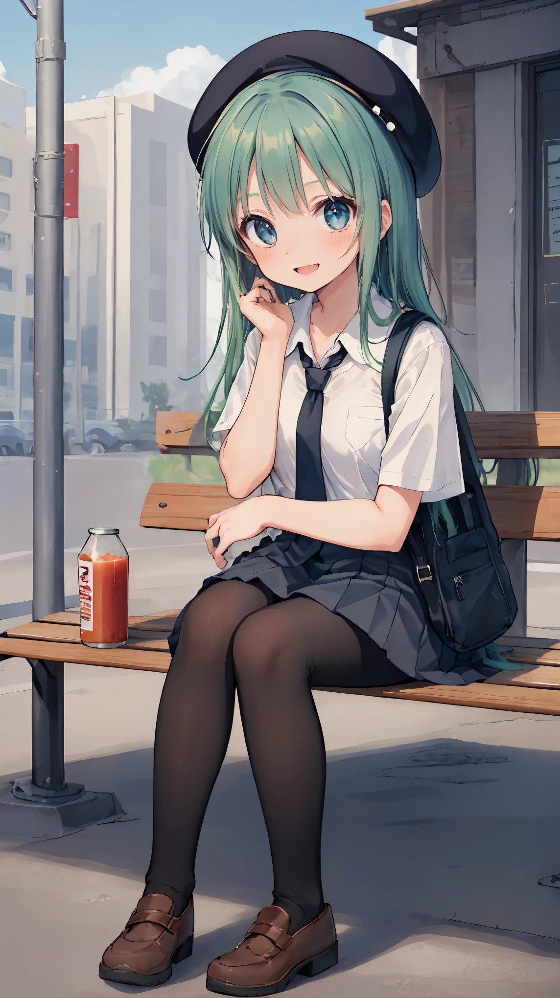 (masterpiece, highest quality), High resolution, Detailed face:1.2, (anime_style:1.2), Sharpness, 4K, A woman taking a photo, happy smile, Panic face, upset, Open your mouth, Long Hair, Green Hair, Straight hair, Fine skin, Beautiful Hands, Beautiful fingers, Wearing a beret, tie, Short sleeve blouse, Pleated skirt, school bag, Thighs, Absolute area, Knee socks, hand between legs, Hot summer day, School, Schoolyard, Sitting on a bench, holding Canned juice, Natural light, Sharp focus, Hasselblad Photography, Cinema Lighting, whole body, Canned juice,