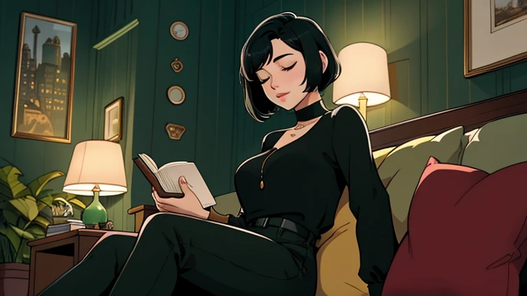 Beautiful woman in her 30s with short black hair is sitting on the sofa. Looking down, eyes closed, LOFI girl, alone in the room, blouse, cozy wallpaper, big cushion, bookshelf, relaxing mood, night core, cozy, wide glass window with skyscrapers, outside view at night, only five fingers, green wall, Holding a book in hand,