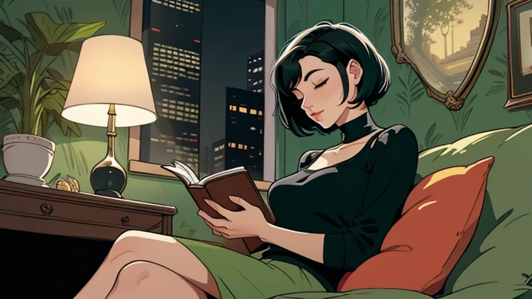 Beautiful woman in her 30s with short black hair is sitting on the sofa with her eyes closed. Looking down, eyes closed, LOFI girl, alone in the room, cozy wallpaper, big cushion, bookshelf, beautiful flowers, relaxing mood, night core, cozy, wide glass window with skyscrapers, outside view at night, only five fingers,