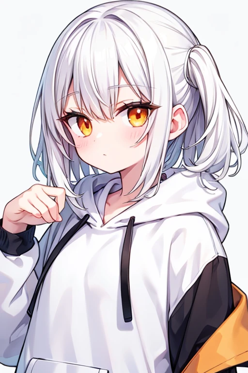 White Hair, Shiny, cute, Orange eyes, cute, Wearing a hoodie