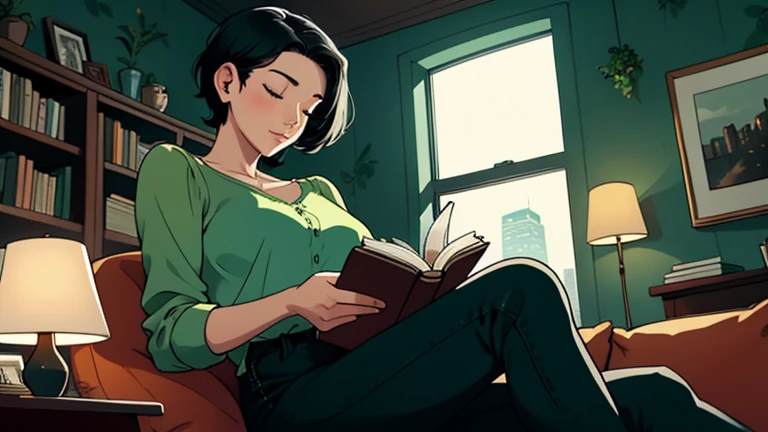 Beautiful woman in her 30s with short black hair is sitting on the sofa. Looking down, eyes closed, LOFI girl, alone in the room, blouse, cozy wallpaper, big cushion, bookshelf, relaxing mood, night core, cozy, wide glass window with skyscrapers, outside view at night, only five fingers, green wall, Holding a book in hand,