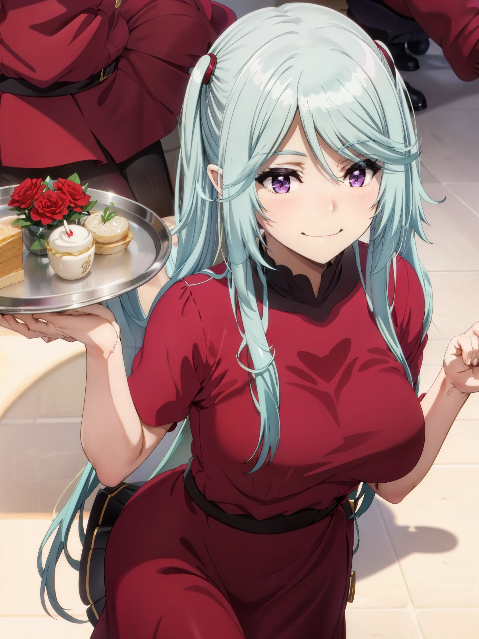 1girl, twintails, purple eyes, long hair, blue hair,(((red dress,clavage))),(smile,joy,happy,blush),tray