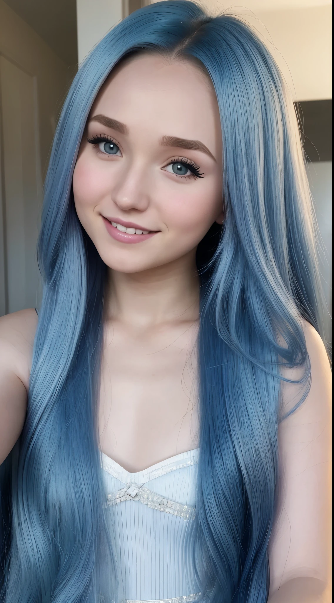 A picture of a pale skin young woman smiling, pokimane, eva elfie, (hayden panettiere), beautiful long loose blue hair parted down the middle, beautiful make up, 8k selfie photograph, photo inspired by kailee mandel, instagram picture, art inspired by valentina remenar, snapchat photo, detailed unblurred face,