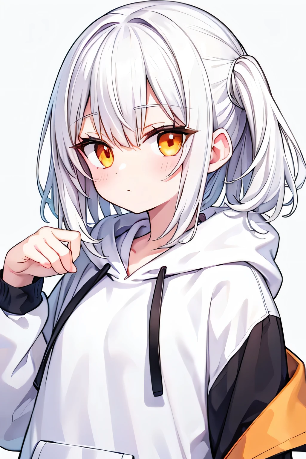 White Hair, Shiny, cute, Orange eyes, cute, Wearing a hoodie