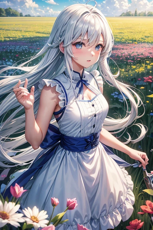 A woman in a short dress stands in a flower field. Blue. Remix. Prompt word. Copy prompt word. A woman with long white hair and blue eyes stands in the meadow.,Anime image of a cute girl, girl with white hair, The perfect gray-haired girl., พระเจ้าwhite hair, white hair, Plow collection style, Cloud Anime, anime girl, anime art style moe, anime girlที่ดีที่สุด, (anime girl), anime girl, สาวwhite hair,white hairสลวย,หน้าอกsmallลง,Sleeveless、Women's bras,small , (8ก, raw photography, Highest quality, Masterpiece:1.2), (realistically, Virtual image:1.37), Very detailed, 1 woman, single, cute little, Beautifully detailed sky,,(((Sleeveless)))