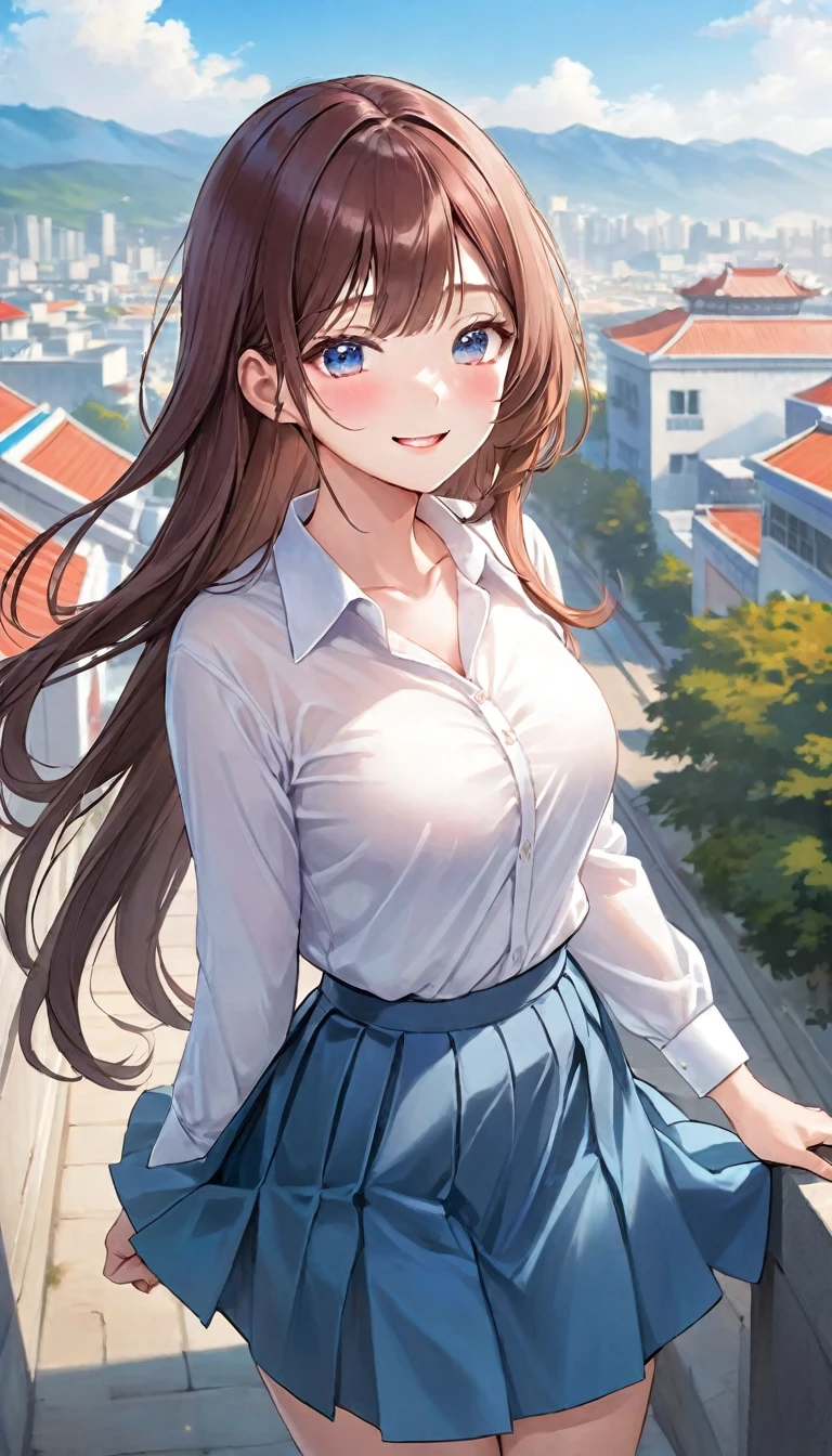  (Beautiful, gorgeous and cute Korean woman:1.3), (beautiful and cute korean:1.3), Korean beauty, Exquisite and beautiful hair、Eyes and face, Practical, Super detailed, beautiful girl, Blue sky, Glowing white particles, (Side Light:1.2), Sunlight, Baiyun, Detailed clouds, slim, Very cute big boobs and big butt, Smile with teeth bared, ((Smile with your eyes, Open your eyes)), landscape, Long and straight hair, Sexy facial expressions, architecture, (city View:1.7), Dynamic Hair, Long and straight hair, Fine platinum hair, Pink eyes, (Blue Pleated Shirt + White skirt), White socks, Pale skin, Hair accessories, epic landscape, 