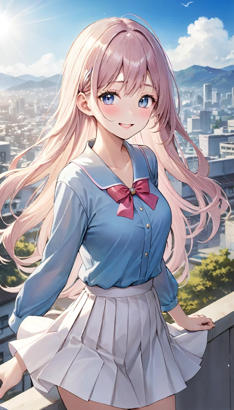  (Beautiful, gorgeous and cute Korean woman:1.3), (beautiful and cute korean:1.3), Korean beauty, Exquisite and beautiful hair、Eyes and face, Practical, Super detailed, beautiful girl, Blue sky, Glowing white particles, (Side Light:1.2), Sunlight, Baiyun, Detailed clouds, slim, Very cute big  and big , Smile with teeth bared, ((Smile with your eyes, Open your eyes)), landscape, Long and straight hair,  facial expressions, architecture, (city View:1.7), Dynamic Hair, Long and straight hair, Fine platinum hair, Pink eyes, (Blue Pleated Shirt + White skirt), White socks, Pale skin, Hair accessories, epic landscape, 