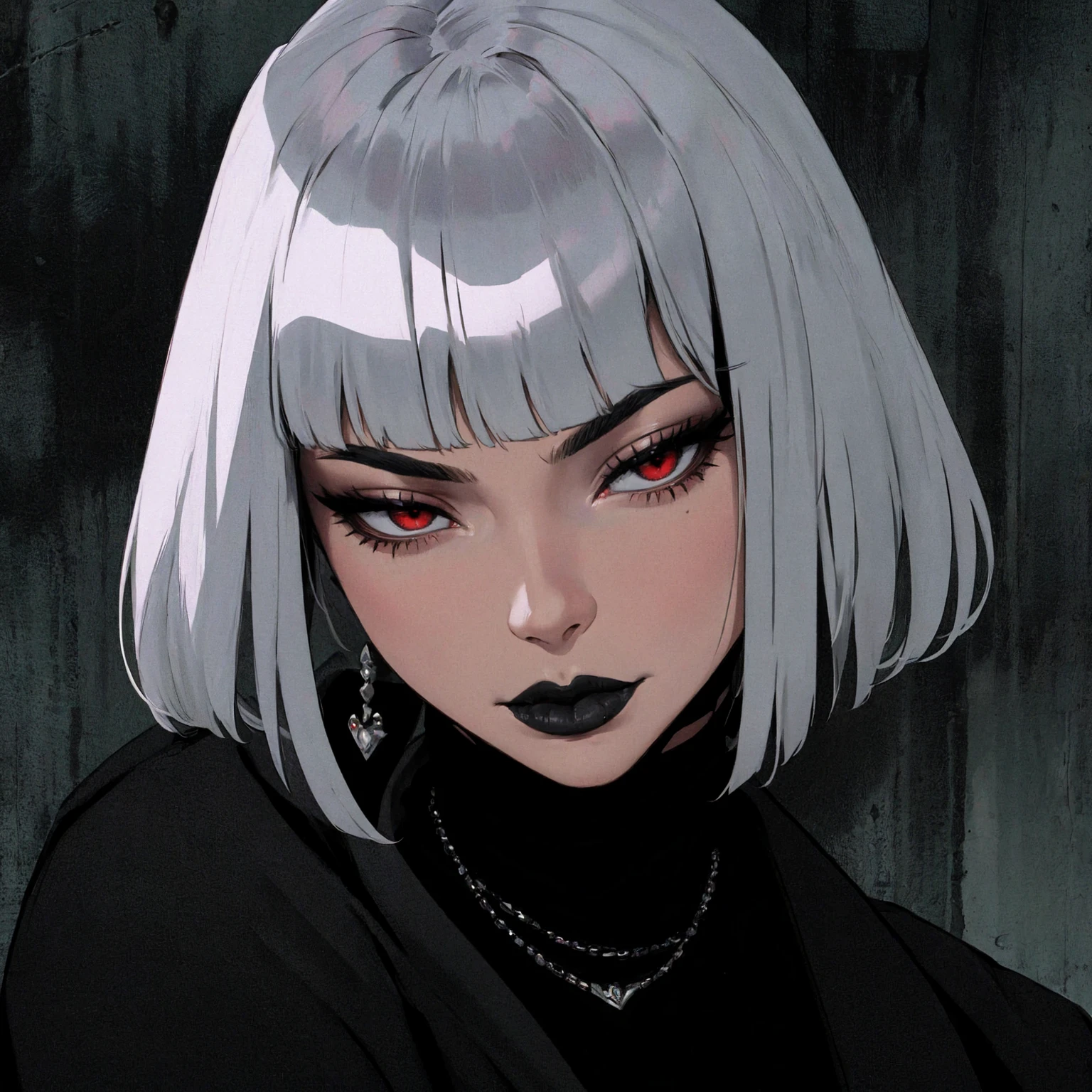 masterpiece, UHD, high quality, HD, (1girl), white hair, short hair, black lips, black lipstick, red eyes, black turtleneck, black blazer,