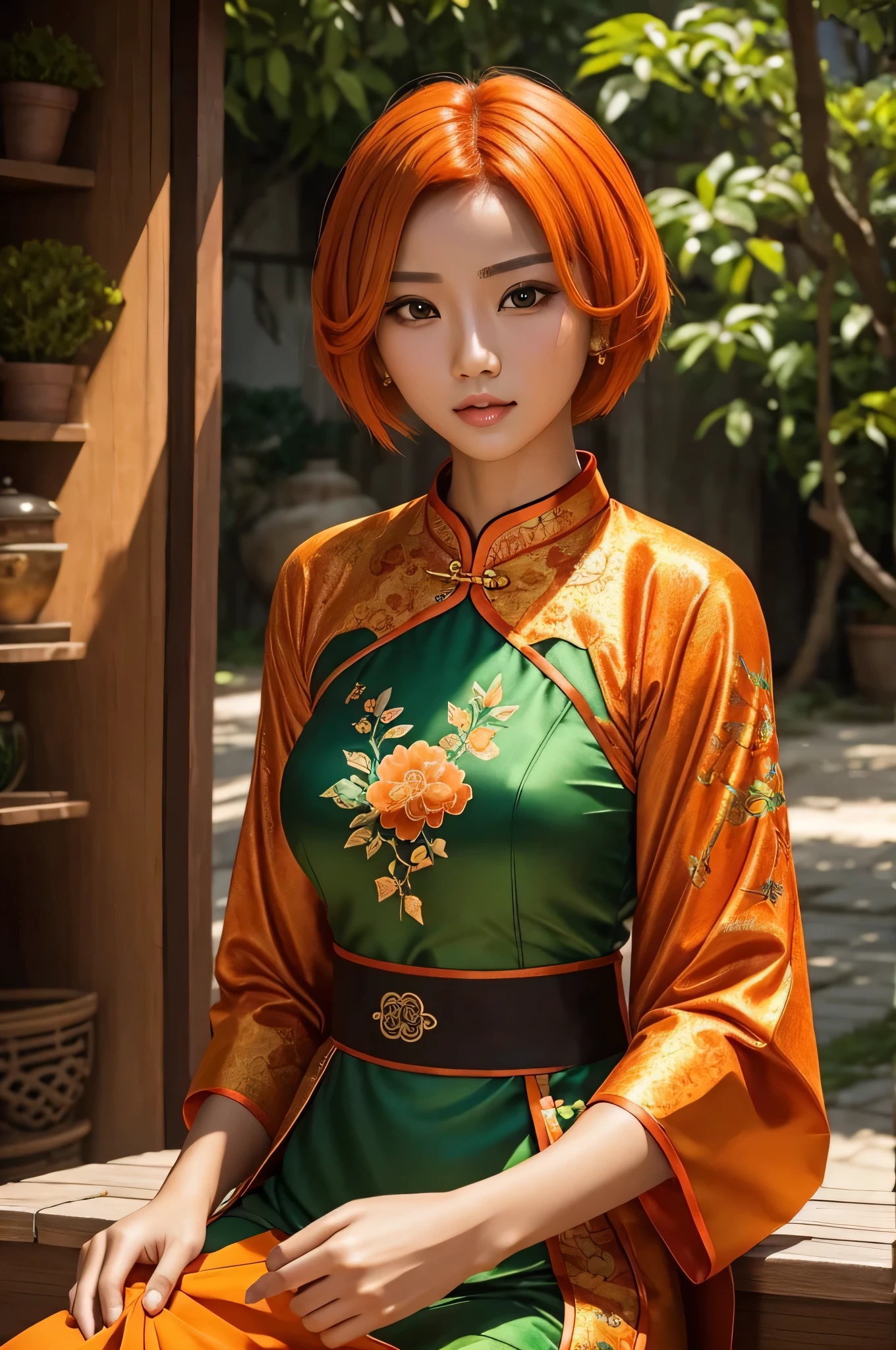 orange hair Short hair green eyes beauty tanned skin 20age cheongsam clothes Real picture