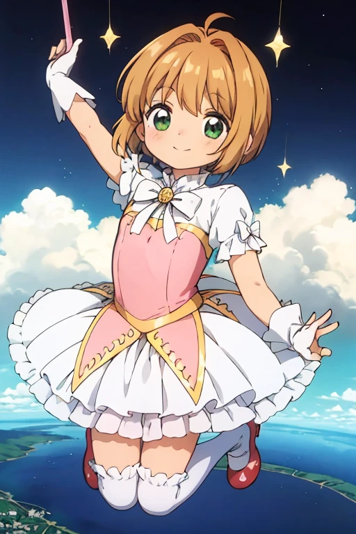 kawaii, anime, Cute,1000 meters above the clouds,A boy cosplaying as a magical girl is hovering in the air,9 year old boy,Short bob hair,Brown Hair,Dresses with lots of frills,Wearing drawers,Wearing a petticoat,Wearing knee-high socks,Throw the spear,Full body portrait,A dynamic pose,Sparkling,Beautiful background,High-definition background,A happy smile,A dynamic pose