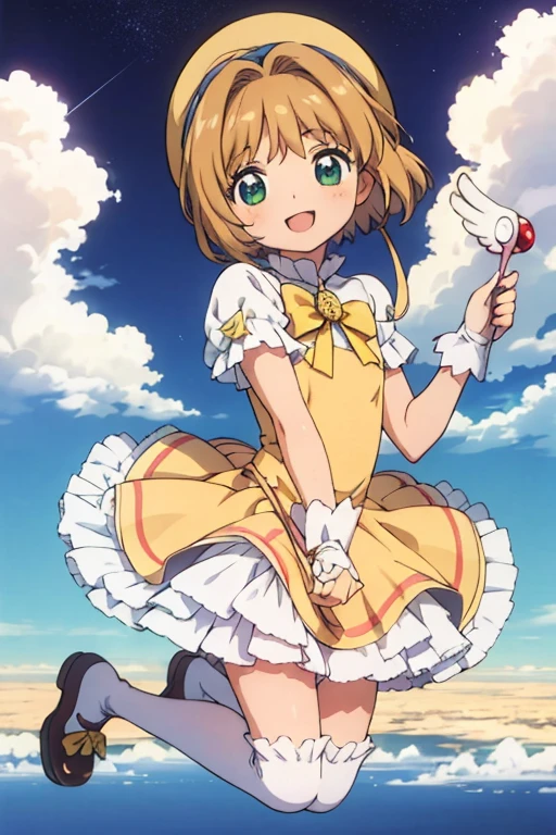 kawaii, anime, Cute,1000 meters above the clouds,A boy cosplaying as a magical girl is hovering in the air,9 year old boy,Short bob hair,Brown Hair,Dresses with lots of frills,Wearing drawers,Wearing a petticoat,Wearing knee-high socks,Throw the spear,Full body portrait,A dynamic pose,Sparkling,Beautiful background,High-definition background,A happy smile,A dynamic pose