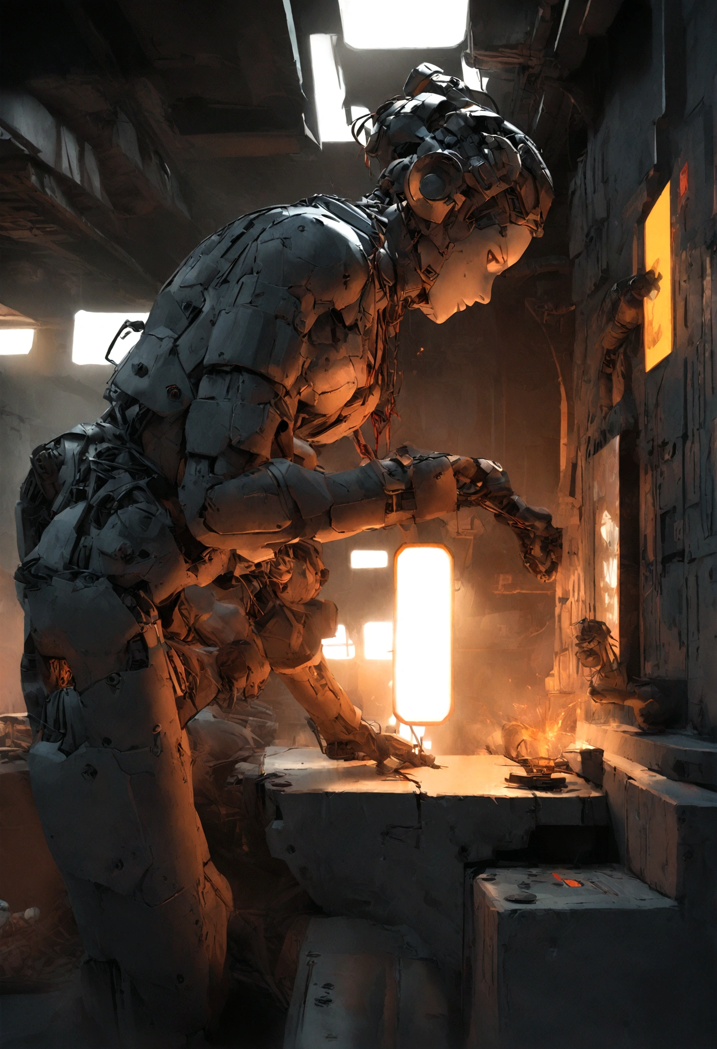 Android Android games for iOS or Android, Tristan Eaton style, a cyberpunk dystopia, careful portrait photography, Antony Gormley, 8K 3D, Alexey Maleev, metalworking skills