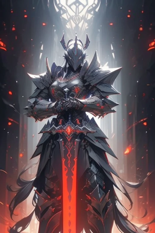 Knight of Arafed standing with sword in dark room, Burnt armor, Black fire-colored reflective armor, Steampunk Bio Armor, Redwood Forest themed armor, Satanic dragon inspired armor, Damaged armor, Gothic Armor, Black and reddish colored armor, Cyberpunk Flame Suit, prince crown of Black Gears, Zombie Cyborg, Satanic! Competitionium!, Black Leather Armor, Black Gears, Fire Sword,Face forward diagonally, Cross your arms
