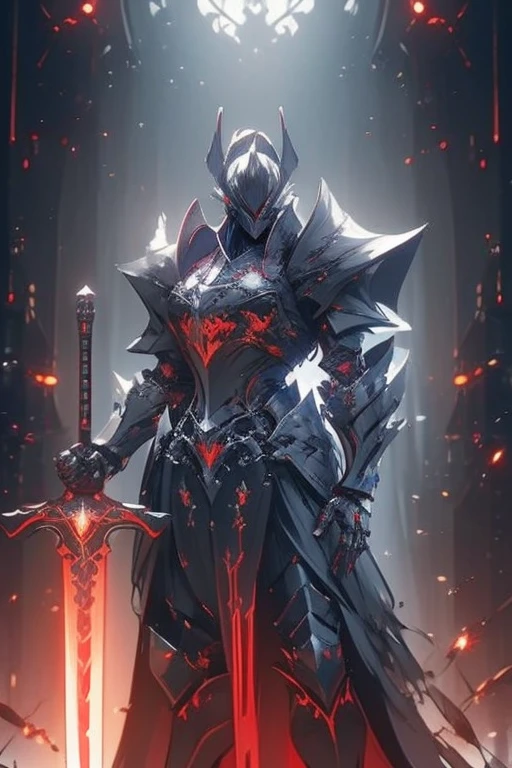 Knight of Arafed standing with sword in dark room, Burnt armor, Black fire-colored reflective armor, Steampunk Bio Armor, Redwood Forest themed armor, Satanic dragon inspired armor, Damaged armor, Gothic Armor, Black and reddish colored armor, Cyberpunk Flame Suit, prince crown of Black Gears, Zombie Cyborg, Satanic! Competitionium!, Black Leather Armor, Black Gears, Fire Sword,Face forward diagonally, Cross your arms